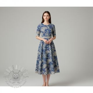 Bombažna tkanina JEANS Embroidery leaves light blue