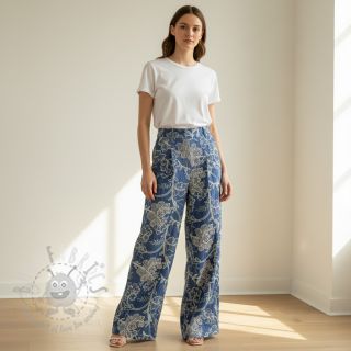 Bombažna tkanina JEANS Embroidery leaves light blue