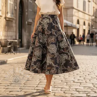 Bombažna tkanina JEANS Embroidery leaves black