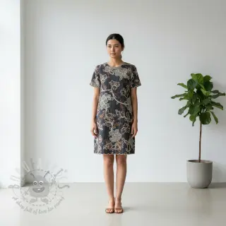 Bombažna tkanina JEANS Embroidery leaves black