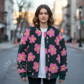 Plaščevina TEDDY JACQUARD Flowers army green/pink