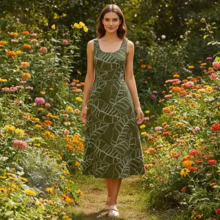 Viskoza z lanom EMBROIDERY Leaves forest green