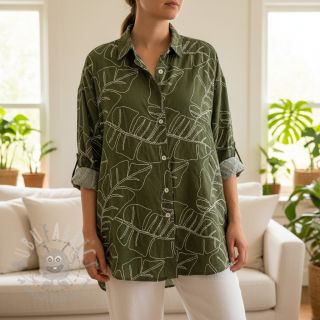 Viskoza z lanom EMBROIDERY Leaves forest green