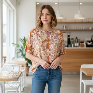 Viskoza SATIN Flowie Noe orange digital print