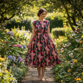 Viskoza SATIN Night flowers black digital print