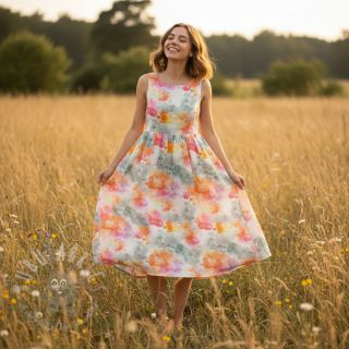 Lan z bombažem Abstract flowers RAMIE orange digital print