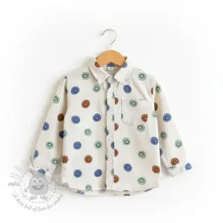 Bombažna tkanina FLANNEL Happy faces off white green