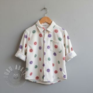 Bombažna tkanina FLANNEL Happy faces off white lilac