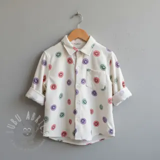Bombažna tkanina FLANNEL Happy faces off white lilac