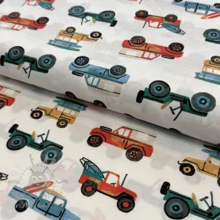 Bombažna tkanina Cars white digital print