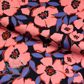 Bombažna tkanina SATIN Flower Kala navy