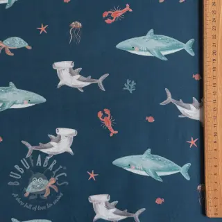 Bombažna tkanina Sea life petrol digital print