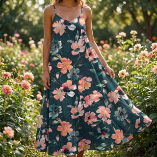 Bombažna tkanina SATIN Penny flower petrol digital print