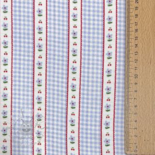 Dvoslojna gaza/muslin Flowers check blue digital print