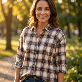 Bombažna tkanina YARN DYED BRUSHED Check Tim beige