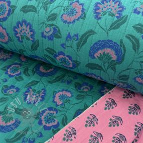 Dvoslojna gaza/muslin STEPPED Flowers petrol