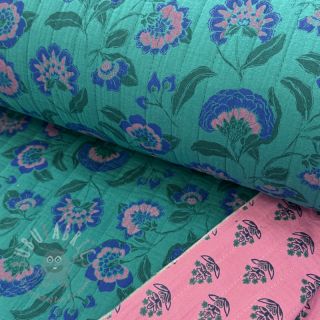 Dvoslojna gaza/muslin STEPPED Flowers petrol