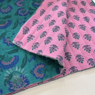 Dvoslojna gaza/muslin STEPPED Flowers petrol