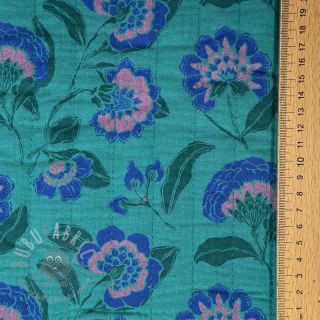 Dvoslojna gaza/muslin STEPPED Flowers petrol