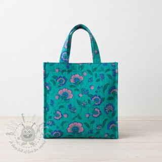 Dvoslojna gaza/muslin STEPPED Flowers petrol