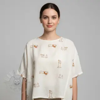 Dvoslojna gaza/muslin EMBROIDERY Dogs ecru