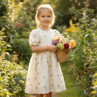 Dvoslojna gaza/muslin EMBROIDERY Fruit natural green