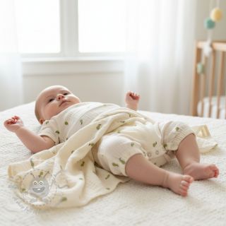 Dvoslojna gaza/muslin EMBROIDERY Fruit natural green