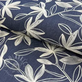 Bombažna tkanina JEANS Embroidery Flowers white