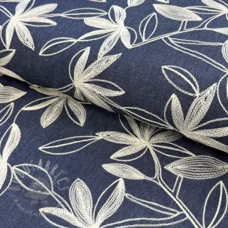 Bombažna tkanina JEANS Embroidery Flowers white