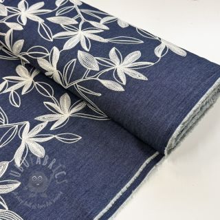 Bombažna tkanina JEANS Embroidery Flowers white