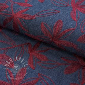 Bombažna tkanina JEANS Embroidery Flowers burgundy