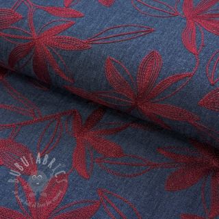 Bombažna tkanina JEANS Embroidery Flowers burgundy