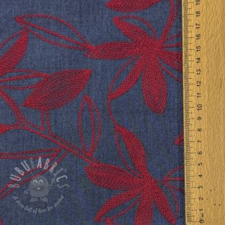 Bombažna tkanina JEANS Embroidery Flowers burgundy