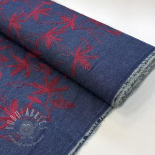 Bombažna tkanina JEANS Embroidery Flowers burgundy