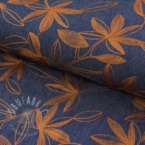 Bombažna tkanina JEANS Embroidery Flowers camel
