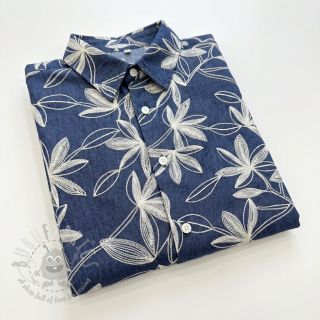 Bombažna tkanina JEANS Embroidery Flowers white