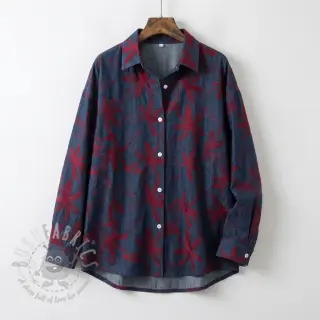 Bombažna tkanina JEANS Embroidery Flowers burgundy
