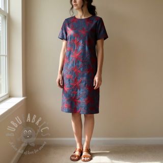 Bombažna tkanina JEANS Embroidery Flowers burgundy