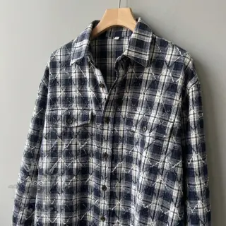 Bombažna tkanina YARN DYED BRUSHED Check EMBROIDERY navy