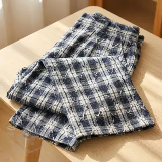 Bombažna tkanina YARN DYED BRUSHED Check EMBROIDERY navy