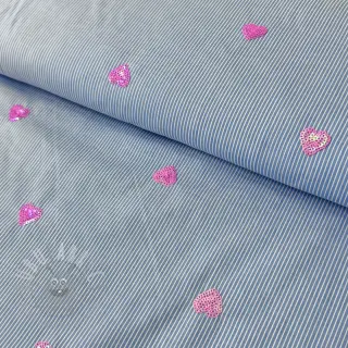 Bombažna tkanina Stripes Sequins Hearts blue