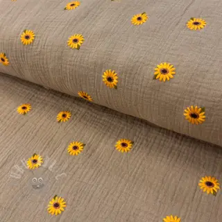 Dvoslojna gaza/muslin EMBROIDERY Sunflowers beige