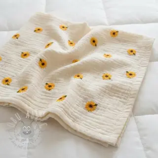Dvoslojna gaza/muslin EMBROIDERY Sunflowers natural