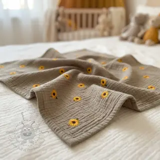 Dvoslojna gaza/muslin EMBROIDERY Sunflowers beige