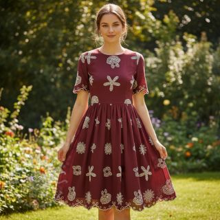 Bombažna tkanina EMBROIDERY Sea ornaments bordeaux