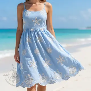 Bombažna tkanina EMBROIDERY Sea ornaments light blue