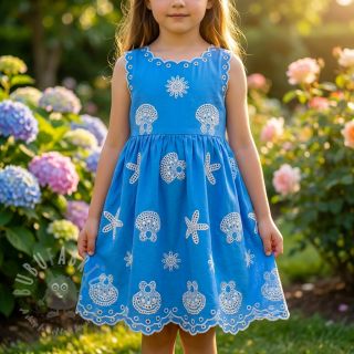 Bombažna tkanina EMBROIDERY Sea ornaments light blue