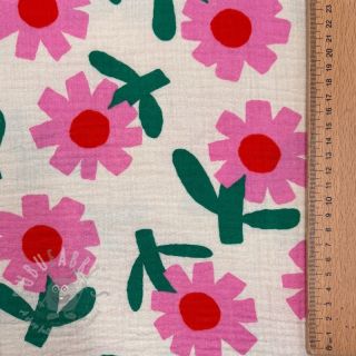 Dvoslojna gaza/muslin Flowers natural/pink by JENNIFER BOURON ORGANIC
