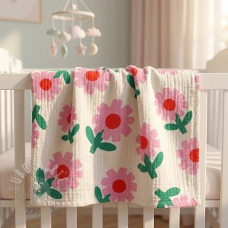 Dvoslojna gaza/muslin Flowers natural/pink by JENNIFER BOURON ORGANIC