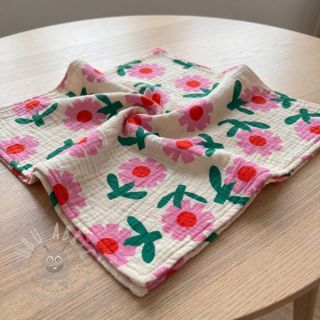 Dvoslojna gaza/muslin Flowers natural/pink by JENNIFER BOURON ORGANIC